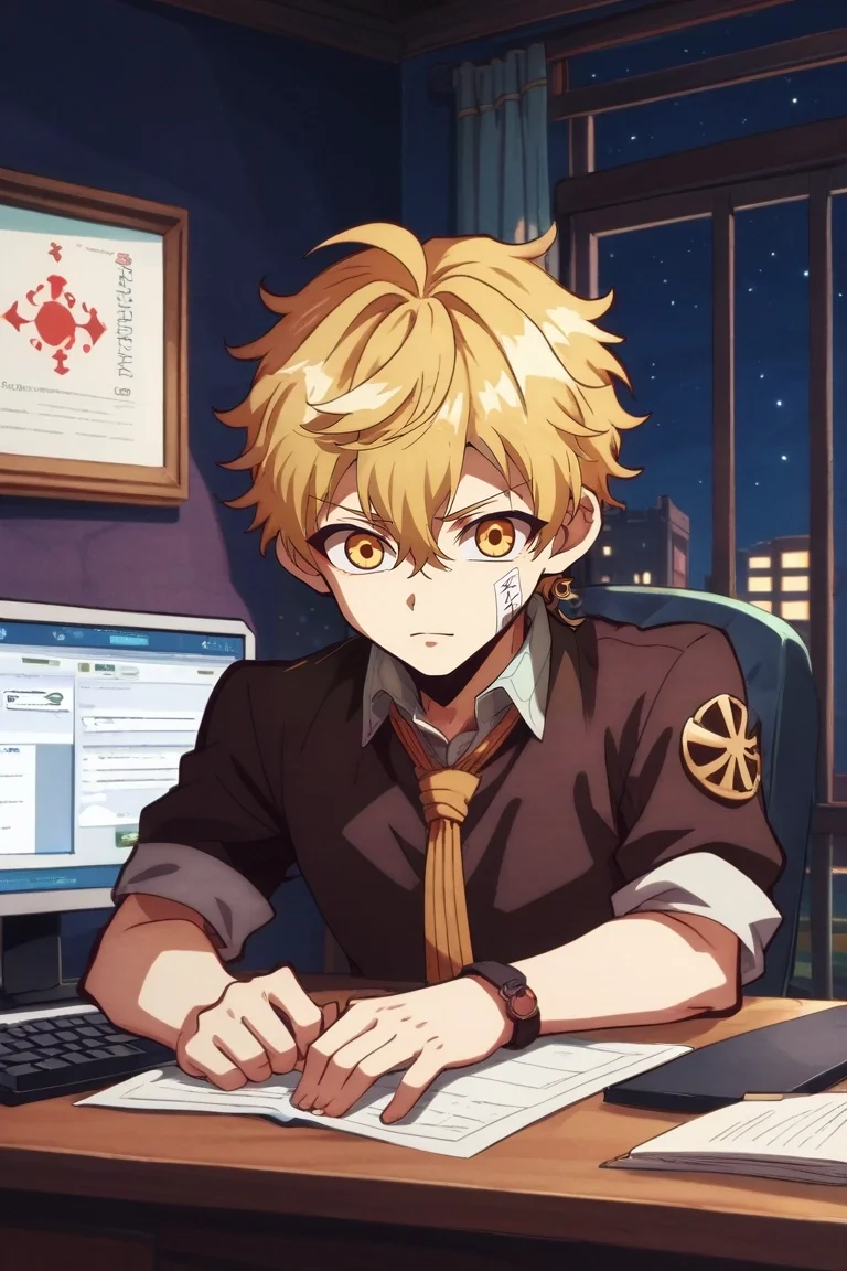 zPDXL, score_9, score_8_up, score_7_up, rating_safe, , , depth of field, 1boy, aether \(genshin impact\), genshin impact, blonde hair, yellow eyes, solo, focused, office, computers, night, crescent moon, hand on hip, :\3, <lora:hanako-kun_style_pony:1.16>, hanako-kun_style, , <lora:sdxl_lightning_8step_lora:1>