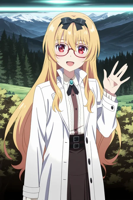 anime screencap, anime coloring, detailed face, masterpiece, best quality, very aesthetic, absurdres, volumetric lighting,
<lora:Yue_Arifureta_r1:1>
outside, trees, mountains,daytime,
Yue (character), blonde hair, 1girl, red-rimmed glasses, long hair, red eyes, solo, parody, hair between eyes, shirt, hair bow, looking at viewer, black bow, :D, mouth open, smile, waving to the viewer, cowboy shot