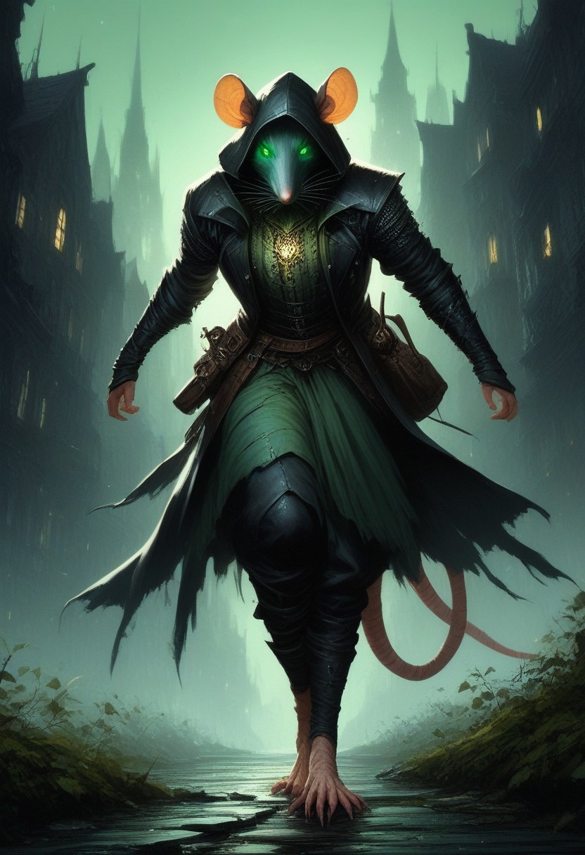 BREAK score_9, score_8_up, score_7_up,  victorian city, night, ominous, solo,  rat man, black longcoat, wearing goggles, green glow eyes, hood, dynamic pose, leaning forward, fully body shot , leather armour, sneaking, full body shot
(masterpiece, best quality, ultra detailed, intricate details:1.2), (detailed face:1.1), (rat folk:1.5) <lora:RPGRatFolkXL:1>