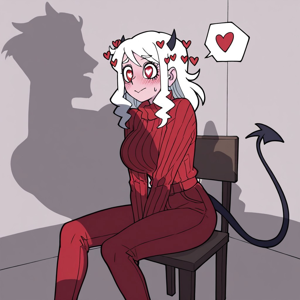 masterpiece, best quality, newest, absurdres, highres, anime, anime style, CCH-IL.V1.0-SH, implied sex, silhouette, shadow, chair, sitting on chair, sitting, silhouette sex, 
BREAK 1girl, modeus (helltaker), white hair, horns, hearts, symbol shaped pupils,