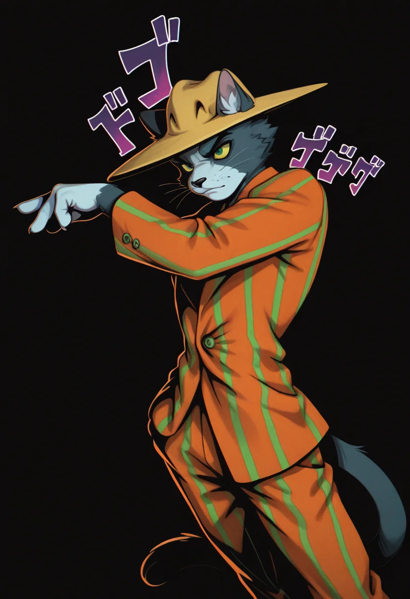 masterpiece, best quality, Graphic Design, color art, vibrant colors, colorful, intricate details, high contrast, detailed background, beautiful detailed, beautiful face, detailed eyes, detailed face, new, newest, z00tt0m, 1boy, solo, male focus, furry, cat, yellow sclera, green eyes, grey fur, whiskers, hat, formal, suit, striped jacket, striped pants, simple background, black background, cowboy shot, dutch angle, dynamic pose, jojo pose, aura, menacing,