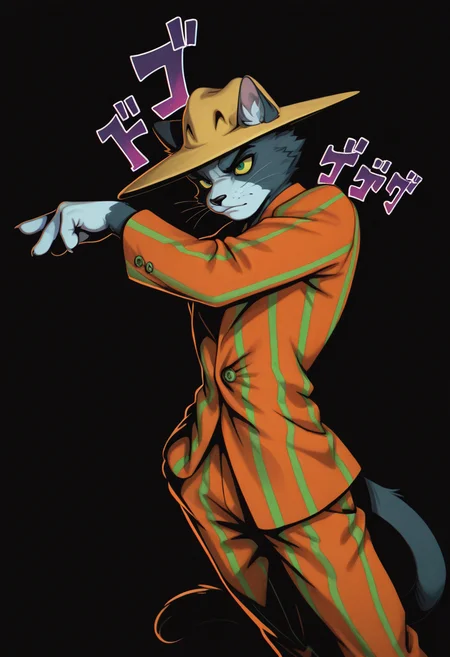 masterpiece, best quality, Graphic Design, color art, vibrant colors, colorful, intricate details, high contrast, detailed background, beautiful detailed, beautiful face, detailed eyes, detailed face, new, newest, z00tt0m, 1boy, solo, male focus, furry, cat, yellow sclera, green eyes, grey fur, whiskers, hat, formal, suit, striped jacket, striped pants, simple background, black background, cowboy shot, dutch angle, dynamic pose, jojo pose, aura, menacing,