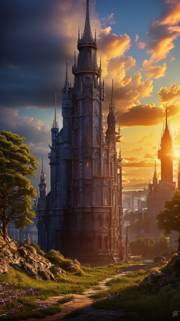 Stained glass style, 
Techwear fashion, 
Masterwork Painting, Magnum Opus, 
 <lora:Wizard_Tower:0.75> witow, castle, cloud, cloudy sky, grass, no humans, scenery, sky, tower, tree, 
<lora:Fantasy_Mountains:0.75> fanmou, footprints, forest, grass, nature, no humans, outdoors, sky ,
  highres, 8k, uhd, High Dynamic Range, tonemapping, crisp details,  intricate details, fine details,
. Futuristic, cyberpunk, urban, tactical, sleek, dark, highly detailed,
. Vibrant, beautiful, translucent, intricate, detailed