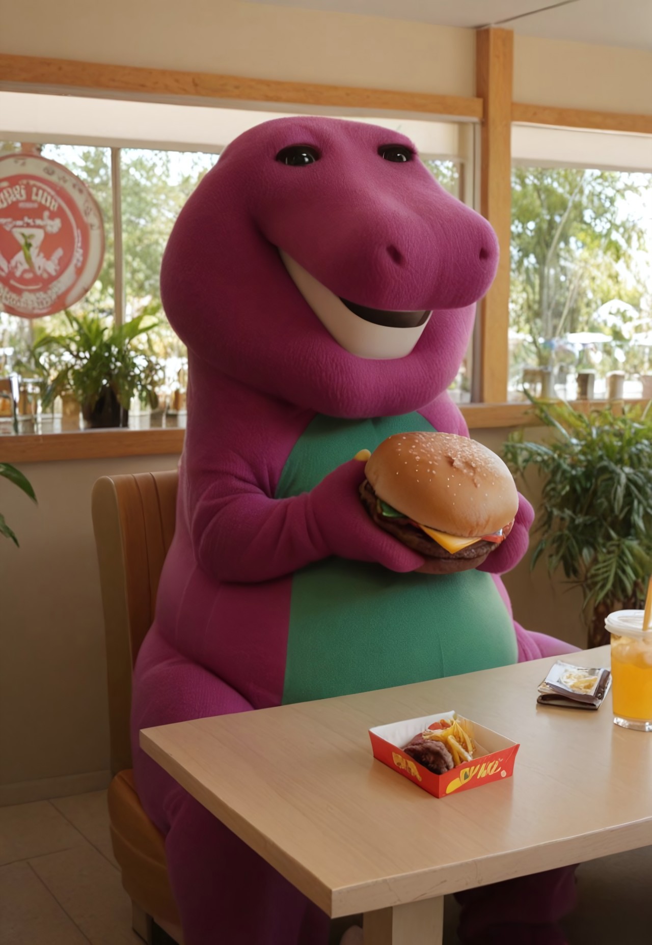 barneydinosaur, score_9, score_8_up, score_7_up, score_6_up, score_5_up, score_4_up, source_furry, hi res, sfw, photorealistic, realistic, photo, solo, 1boy,

anthro, biped, dinosaur, scalie, tyrannosaurus rex, purple body, green belly, green spots, spots on back, three toes, yellow claws, short tail, fat, chubby, mascot suit, plush costume, white teeth, black eyes, short arms, (two fingers), thick legs, open eyes, happy, smile,

sitting, table, burger, burger, holding, holding food, 

on a restaurant, window, plant, humans, daylight, indoors