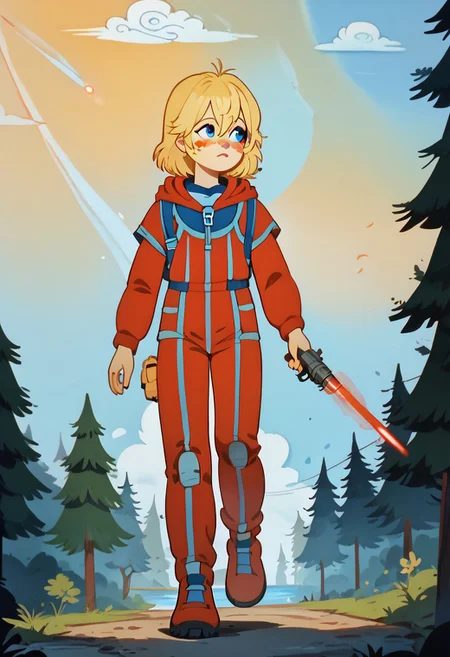 score_9, score_8_up, score_7_up
outdoors, jungles, forest, day, summer, clouds
alisattp, 1girl, solo, blonde hair, blue eyes, blush stickers, hair between eyes, bangs, red bodysuit, <lora:alisattp_pdxl-000009:1>
laser gun in hand, looking around, walking, front view, full body view