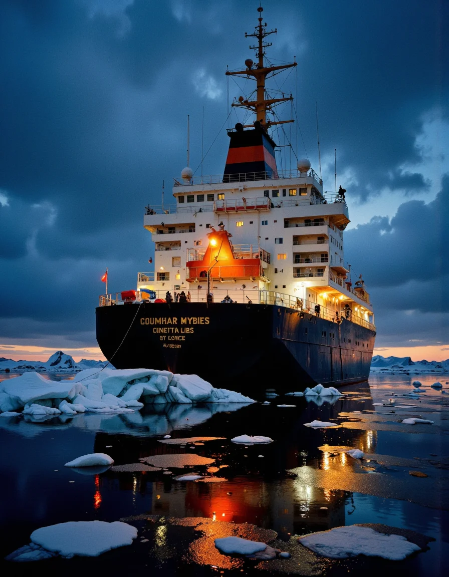Photograph, shot from behind of a Icebreaker, at Dusk, designed by tom bagshaw, donato giancola, greg manchess, karol bak and peter mohrbacher, Light, Cinestill 50, atmospheric perspective, background inspired, ambient atmosphere, contemporary, advanced cinematic perfect light, atmosphere, lush <lora:Hocus_Pocus:0.9>