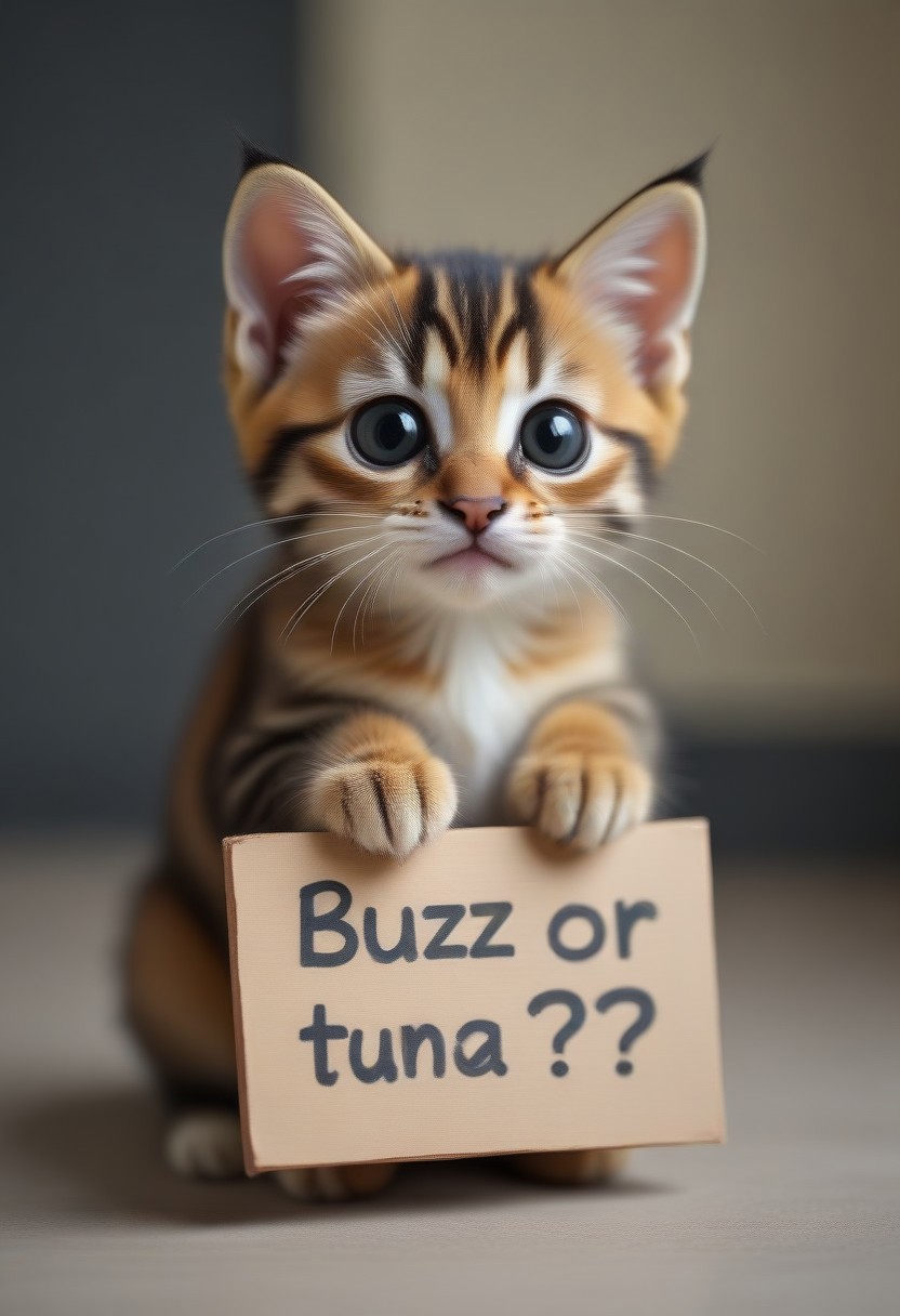 A kitten holding a sign with text "buzz or tuna, plzzz?" <lora:buzz-text:1>