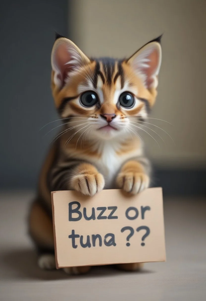A kitten holding a sign with text "buzz or tuna, plzzz?" <lora:buzz-text:1>