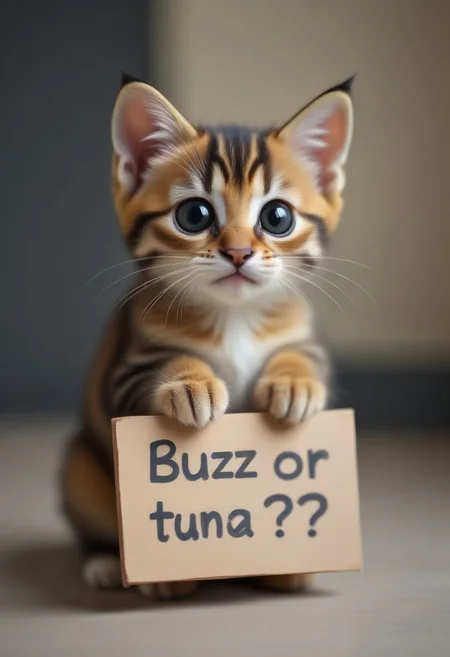 A kitten holding a sign with text "buzz or tuna, plzzz?" <lora:buzz-text:1>