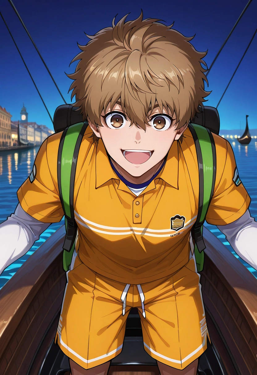 masterpiece, best quality, , , , 1boy, solo, male focus, <lora:asahi_naruhaya_ilxl:0.94>, asahi_naruhaya, brown hair, brown eyes, short hair, hair between eyes, bangs, , asymmetrical, venice, gondola ride, dark, leaning forward, :D, Sateen Ikat Linen-cotton shorts, Batik Lilac Tweed Golf polo, , , Hunting Backpack