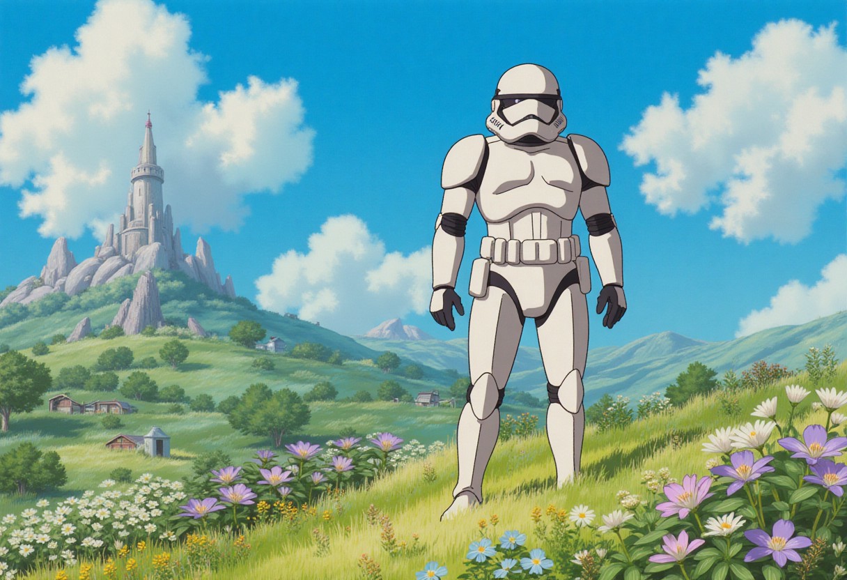 Ghibli style futuristic stormtrooper with glossy white armor and a sleek helmet, standing heroically on a lush alien planet, vibrant flowers blooming around, soft sunlight illuminating the scene, a gentle breeze rustling the leaves.