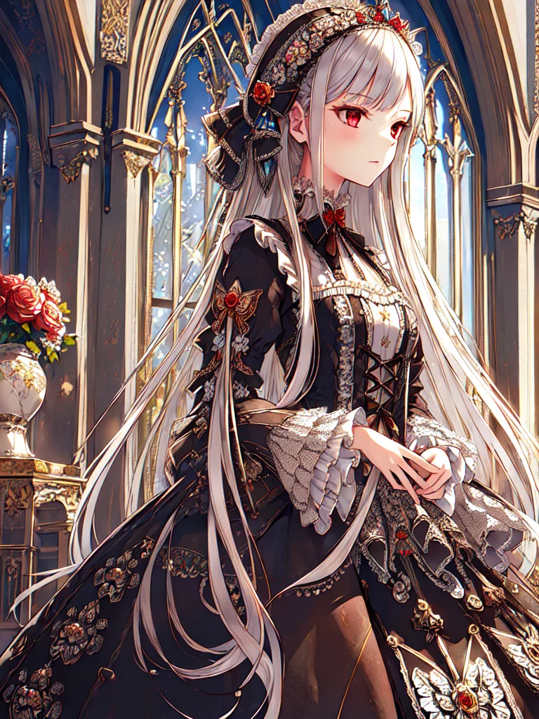 ((masterpiece)),((best quality)),(ultra-detailed),(illustration),((an extremely delicate and beautiful)),(dynamic angle),
1girl, flowers, spring, beside window, rose, very long hair, detailed face, long eyelashes, flower in eye, frilled sleeves, corset, tiara, princess,
red eyes, black dress, cross, hair ornament, (lo gothic:1.4), <lora:lo_fashions_v5:0.64>