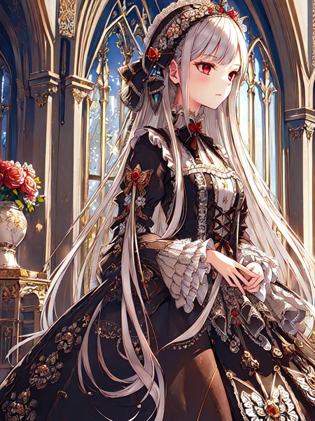 ((masterpiece)),((best quality)),(ultra-detailed),(illustration),((an extremely delicate and beautiful)),(dynamic angle),
1girl, flowers, spring, beside window, rose, very long hair, detailed face, long eyelashes, flower in eye, frilled sleeves, corset, tiara, princess,
red eyes, black dress, cross, hair ornament, (lo gothic:1.4), <lora:lo_fashions_v5:0.64>