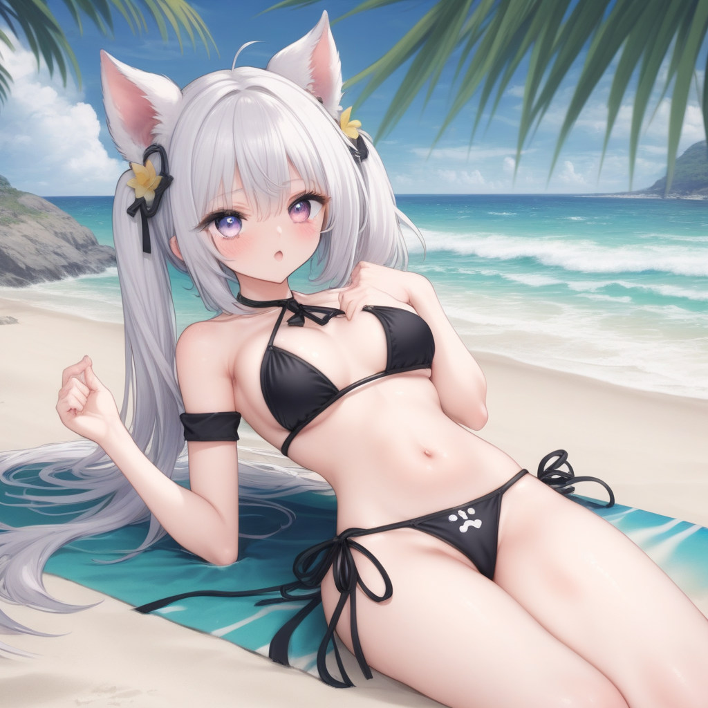 animal ears, black bikini, string bikini, nipples, solo, swimsuit, navel, lying, heterochromia, beach