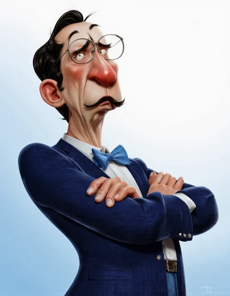 Art by Jean-Baptiste Vendamme. A cartoonish, cartoony digital illustration from a frontal camera angle about a cartoonish character with a mustache and glasses, wearing a blue suit and bowtie, standing confidently with crossed arms. the image also shows a stylized, cartoonish style with exaggerated features. on the middle of the image, a middle-aged man who appears to be in his late 60s or early 70s, with short black hair and a mustache, is standing with his arms crossed, looking to the side with a surprised expression. he is wearing a dark blue suit with a white shirt and a blue bow tie, and has a pair of glasses perched on his head. his facial expression is one of confusion, with his eyes wide open and his mouth slightly open, as if he is deep in thought. his hair is styled in a short, messy manner, and he has a mustache that is slightly raised, giving him a mischievous look. the background is a simple gradient of light blue to white, and the overall style is reminiscent of classic cartoon art with bold lines and bright colors.