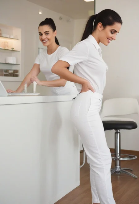 White woman, 30yo, long dark black hair in a ponytail bun, working in a beauty salon Wearing white shirt, white pants, white shoes.
Background fully furnished. women in background.
Woman smirking.
Grainy photo. Film Grain style