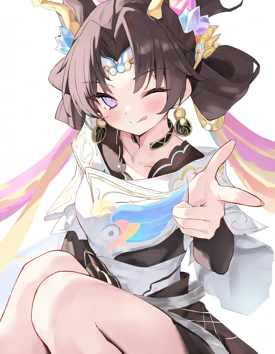 chenglongxuanji,solo,1girl,looking at viewer,white backgrounds,simple background,cowboy shot,<lora:chenglongxuanji-000014:1>,sitting,one eye closed,smile,tongue out,finger_gun,pointing at viewer,, masterpiece, best quality, very aesthetic, absurdres,newest, incredibly absurdres,, toshizou \(0714\)