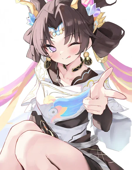 chenglongxuanji,solo,1girl,looking at viewer,white backgrounds,simple background,cowboy shot,<lora:chenglongxuanji-000014:1>,sitting,one eye closed,smile,tongue out,finger_gun,pointing at viewer,, masterpiece, best quality, very aesthetic, absurdres,newest, incredibly absurdres,, toshizou \(0714\)
