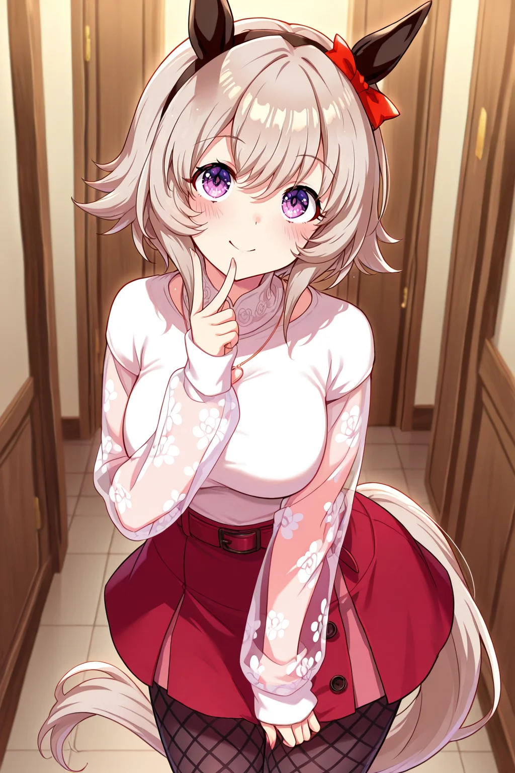 masterpiece,best quality,very aesthetic,absurdres,highres,newest,official art,official style,
1girl,solo,
crc casual, curren chan (umamusume),
animal ears, belt, black pantyhose, blush, bow, ear bow, ear covers,
fishnet pantyhose, fishnets, grey hair, hair between eyes, horse ears, horse girl,
pantyhose, purple eyes, red belt, red bow, red skirt, short hair, skirt,
sweater, white sweater, bangs, black hairband, eyebrows visible through hair,
hairband, highres, horse tail, long sleeves, see-through, see-through sleeves,
shirt, tail, violet eyes, sleeves past wrists, black legwear,
eyebrows behind hair, hair ribbon, headband, ribbon, silver hair,
jewelry, necklace, heart necklace,
eye_focus,<lora:eye_focus:1>,
<lora:umamusume_curren_chan_ill_v1.0:1>,