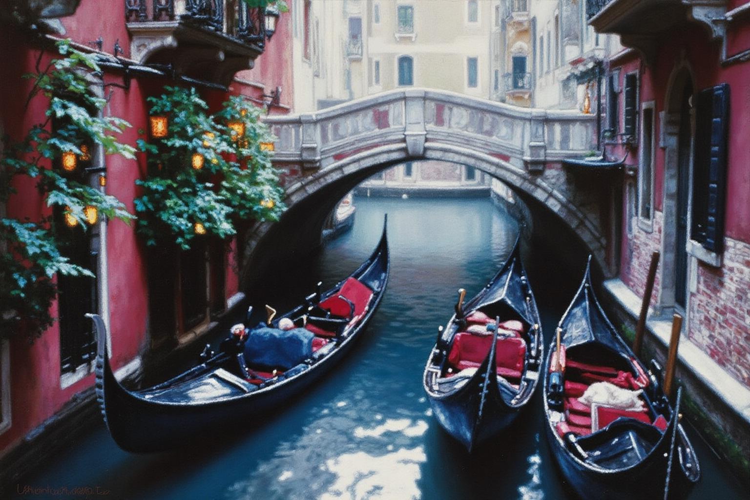 chenyifei2 painting.
A scene in Venice, featuring a narrow canal with three gondolas moored along its banks. There is a stone bridge in the background.
 <lora:chenyifei2_cap_d6a3:1.0><lora:839870229266952156:0>