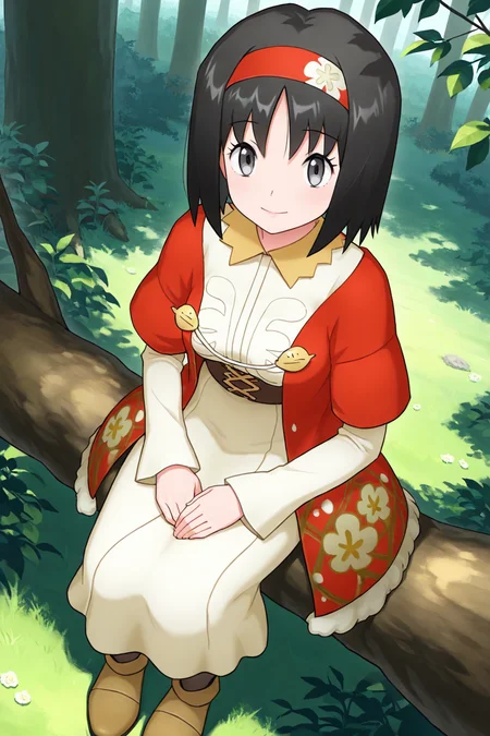2d, masterpiece, best quality, amazing quality, highres, absurdres, newest, 1girl, solo, sitting, on branch, forest, nature, from above, dutch angle, looking at viewer, medium breasts, mature female, holerika, grey eyes, black hair, short hair, bangs, yellow hairband, white dress, collared dress, long dress, brown sash, long sleeves, red jacket, floral print, black pantyhose, ankle boots, brown footwear