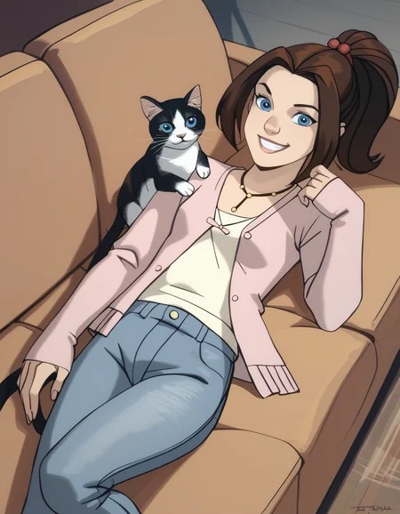 score_9,  score_8_up, score_7_up, <lora:ktprd-xl-v3-32:1> ktprd, high ponytail, blue eyes,
cord y-necklace, pink one-button cardigan, cream t-shirt, denim capri pants,
1girl, solo, smile, on back, on couch, hugging a cat, from above