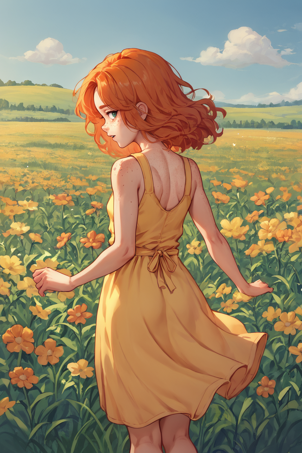 score_9, score_8_up, 1girl, NSGingerPortia, freckles, ginger hair, yellow sundress, <lora:NSGingerPortia:1>, sunny day, spring, flower field, from behind, looking back, open arms