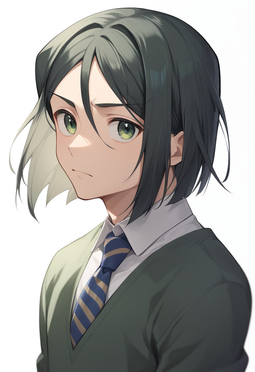 score_9,score_8_up,score_7_up,<lora:fate_zero_all:1>,1boy, character: waver_velvet, solo, simple_background, white_background, male_focus, looking_at_viewer, green_eyes, hair_between_eyes, black_hair, short_hair, collared_shirt, green_sweater, shirt, sweater, white_shirt, blue_necktie, cropped_shoulders, necktie, striped_necktie, highres, :<