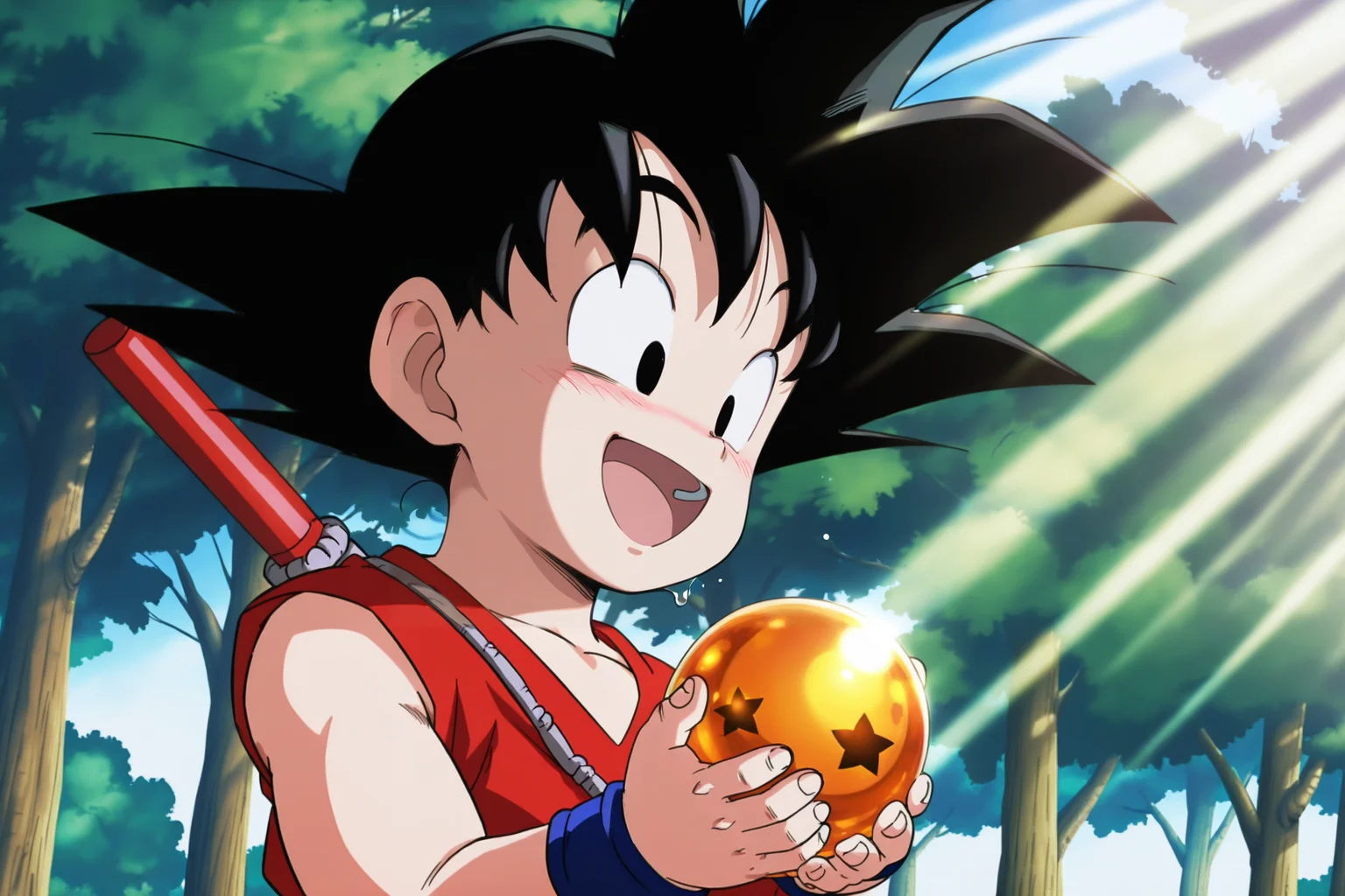 anime screencap, masterpiece, best quality, amazing quality, very aesthetic, absurdres, newest, official style,
son goku, child, official style, solo, smile, open mouth, black hair, 1boy, holding, upper body, :d, male focus, outdoors, day, black eyes, tree, happy, sunlight, spiked hair, wristband, nature, forest, light rays, dragon ball \(object\), looking at hands, dougi, blue wristband, male child, nyoibo, red topwear, raised eyebrows, weapon on back, fingernails, sleeveless
<lora:SonGoku_IL:0.8>