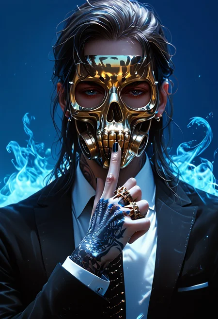 (score_9, score_8_up), score_7_up, 1boy, Highly detailed RAW color Photo, shirt, long sleeves, jewelry, jacket, upper body, earrings, necktie, collared shirt, hand up, necklace, black jacket, gradient, black nail polish, gradient background, tattoo, glowing, formal, ring, suit, cross, mask, skull mask, spikes, black suit, metallic texture, blue theme, blue fire, multiple rings, hand tattoo, simple background, dark blue background, blue theme, gorgeous details, depth perception, backlighting, photorealistic, breathtaking scenery, perfectly rendered reflections, detailed clothing,
dark lighting, dof, depth of field, realistic, dark background, CINE, blue embers, low-key,
<lora:unholy-000009:0.8> <lora:CINE-000008:0.4>
<lora:sinfully_stylish_SDKL:0.5> <lora:xl_more_art-full_v1:0.4> <lora:zavy-cntrst-sdxl:0.7> <lora:Gas_mask-000009:0.4><lora:hand 4:0.5>