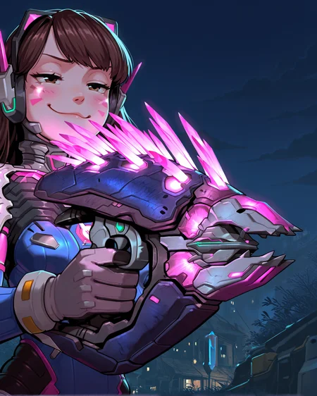 masterpiece, best quality, amazing quality, very aesthetic, absurdres, newest, needler_\(weapon\), crystals, d.va_\(overwatch\), needler_\(weapon\), crystals, 1girl, aiming, solo, ((smug)), outdoors, night,<lora:needler.safetensors:1.0:1.0>