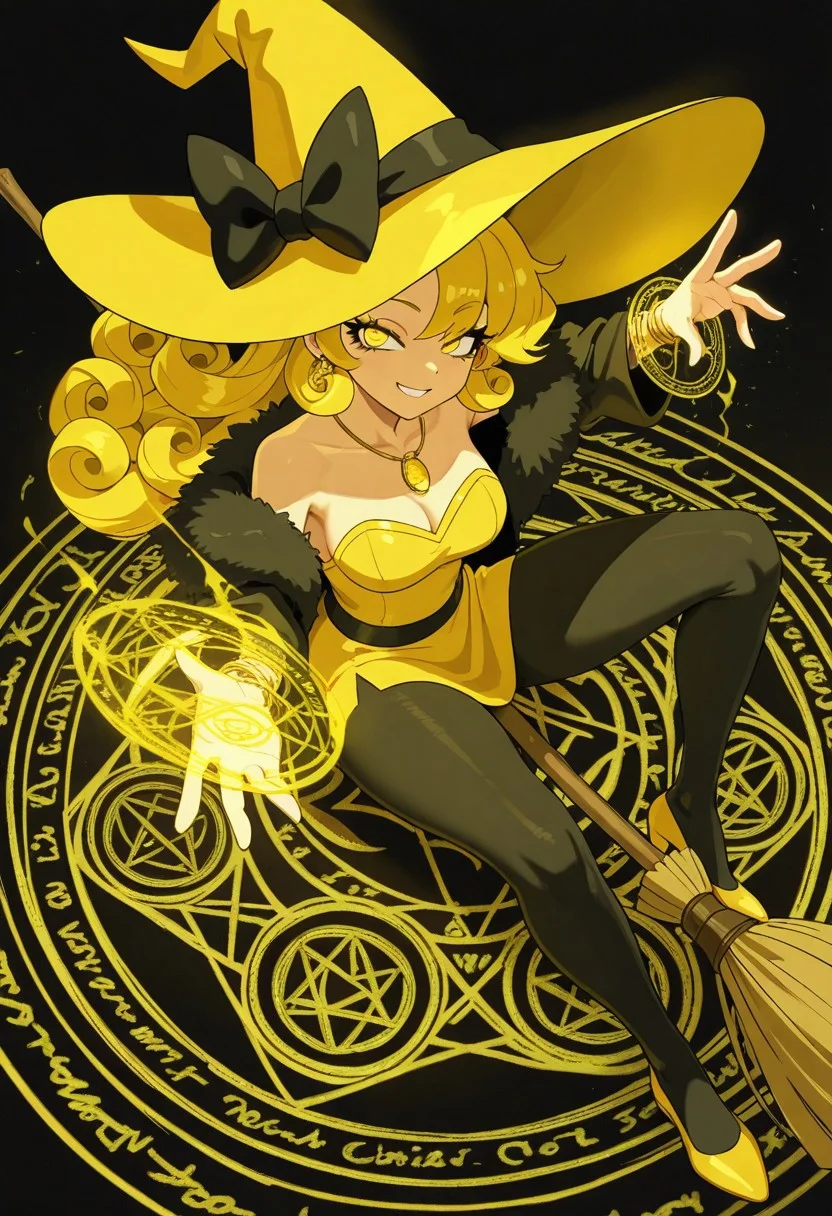very awa, masterpiece \(quality\), year2024, year2023, West Studio, (vibrant colors), (high contrast:1.3), masterworks, best quality, amazing quality, very aesthetic, absurdres, (detailed eyes:1.5), expressive face, anime studio, anime art, (good hands:1.3), (better hands:1.3), (perfect hands:1.3), (dutch angles), from above view, ((looking towards viewers)), overview, BYQJ, long eyelashes, expressive eyes, perfect eyes, no outline, haiz_ai, no lineart, taro, tarot, ((the chariot)), ((vii)), colorful, full color:1.3,
solo, female, (mature), yellow eyes, yellow hair, long hair, curly hair, side bangs hair, small-medium breasts, grin smile,
yellow witch hat with black ribbon, yellow minidress, bare shoulders, strapless, gold earrings, gold necklace, gold bracelets, black fur coat, pantyhose, yellow heels,
(conjuring yellow magic on her hand:1.5), (broom ridding pose:1.5), (side saddle pose:1.3), (sitting on the flyingbroom:1.5), (flying:1.3), (floating:1.3), mid air:1.3, (yellow magic circles forming around her:1.5), (intricate details and patterns on the magic circle:1.5)
abstract background, magical theme, magical background,