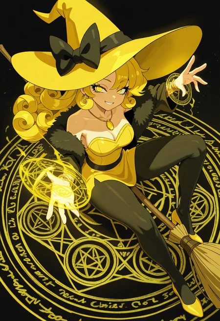 very awa, masterpiece \(quality\), year2024, year2023, West Studio, (vibrant colors), (high contrast:1.3), masterworks, best quality, amazing quality, very aesthetic, absurdres, (detailed eyes:1.5), expressive face, anime studio, anime art, (good hands:1.3), (better hands:1.3), (perfect hands:1.3), (dutch angles), from above view, ((looking towards viewers)), overview, BYQJ, long eyelashes, expressive eyes, perfect eyes, no outline, haiz_ai, no lineart, taro, tarot, ((the chariot)), ((vii)), colorful, full color:1.3,
solo, female, (mature), yellow eyes, yellow hair, long hair, curly hair, side bangs hair, small-medium breasts, grin smile,
yellow witch hat with black ribbon, yellow minidress, bare shoulders, strapless, gold earrings, gold necklace, gold bracelets, black fur coat, pantyhose, yellow heels,
(conjuring yellow magic on her hand:1.5), (broom ridding pose:1.5), (side saddle pose:1.3), (sitting on the flyingbroom:1.5), (flying:1.3), (floating:1.3), mid air:1.3, (yellow magic circles forming around her:1.5), (intricate details and patterns on the magic circle:1.5)
abstract background, magical theme, magical background,