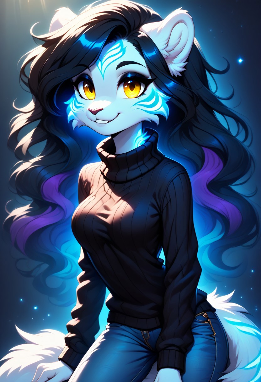 digital_media_(artwork) hi_res, score_9, score_8_up, score_7_up, score_6_up, score_5_up, score_4_up, rating_safe, beautiful, intricate, high quality details, highly detailed, anthro, furry, female, detailed textured fur, fur tufts, fluffy, slim, slender, cute, sweater, baggy denim jeans, detailed sexy eyes, coy smile, solo, SFW, tiger, long hair, multicolored hair, streaked hair, absurdres, highres, goth, heavy eyeliner, heavy eye shadow, breasts, gaming, glowing hair, glowing stripes,