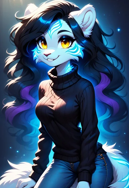 digital_media_(artwork) hi_res, score_9, score_8_up, score_7_up, score_6_up, score_5_up, score_4_up, rating_safe, beautiful, intricate, high quality details, highly detailed, anthro, furry, female, detailed textured fur, fur tufts, fluffy, slim, slender, cute, sweater, baggy denim jeans, detailed sexy eyes, coy smile, solo, SFW, tiger, long hair, multicolored hair, streaked hair, absurdres, highres, goth, heavy eyeliner, heavy eye shadow, breasts, gaming, glowing hair, glowing stripes,