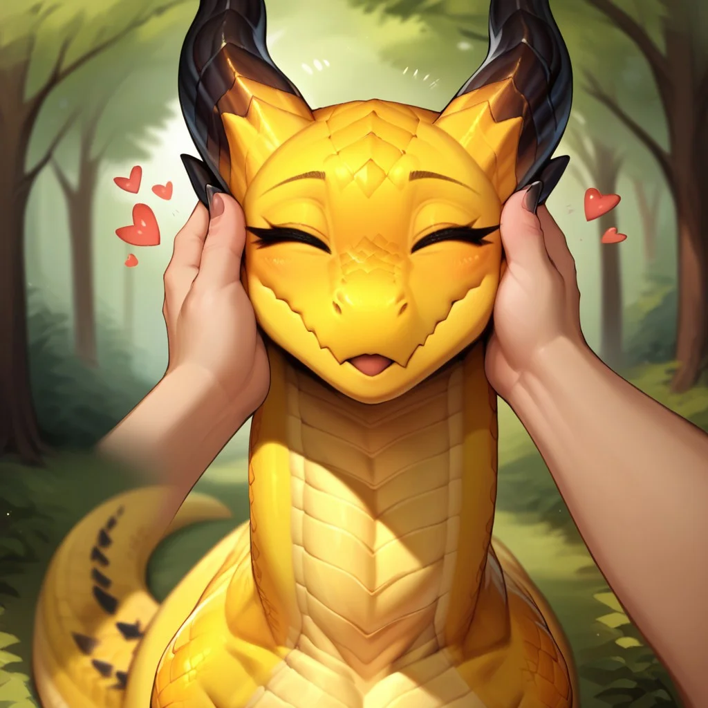 Score_9, score_8_up, score_7_up, score_6_up, score_5_ Feral dragon, wingless dragon, yellow skin, yellow scales, pale yellow belly scales, detailed scales, detailed belly scales, eyes closed, female, tail, black horns, black claws, black spikes, cute, cute face, athletic body, svelte body, 4 fingers, black claws, quadruped, outdoors, forrest, neck up shot, face focus, being pet, first person view, human hands petting face, blissfull face, floating hearts, blurry background, head tilted backwards