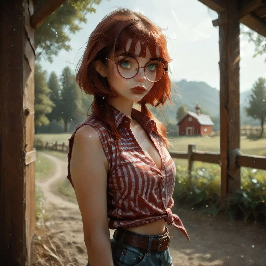 safe_pos, score_9, score_8_up, score_7_up, RAW, 85mm, f/1.2, photorealistic, realistic skin texture, realistic,
0phelia, green eyes, 0ph glasses,
0ph shirt, 0ph shorts, 0ph belt, 0ph boots,
solo, from front, full body view,
farm, wooden fence, sun,