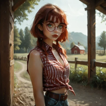 safe_pos, score_9, score_8_up, score_7_up, RAW, 85mm, f/1.2, photorealistic, realistic skin texture, realistic, 
0phelia, green eyes, 0ph glasses,
0ph shirt, 0ph shorts, 0ph belt, 0ph boots,
solo, from front, full body view, 
farm, wooden fence, sun,