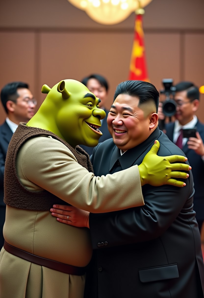Photorealistic picture of Shrek and Kim Jong Un embracing each other, press conference background, media, smiling, cameras, extremely detailed, politics
