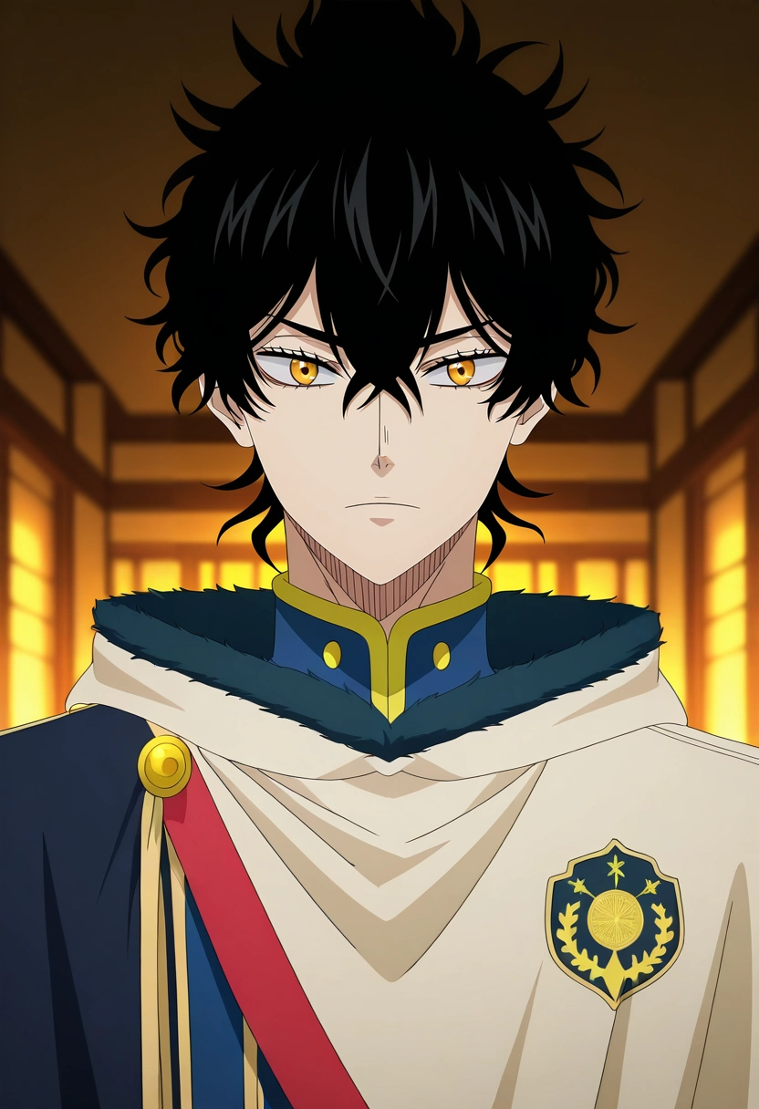 masterpiece, best quality, intricate details, anime screencap, , official style, looking at viewer, 1boy, solo, male focus, <lora:yuno_black_clover_ilxl:0.96>, yuno_black_clover, black hair, yellow eyes, short hair, hair between eyes, , , graduation costume