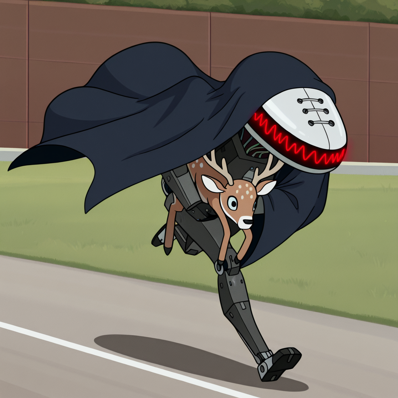 toon \(style\), ultra detailed, raytracing, masterpiece, best quality, highres, absurdres, itcond1, solo, robot, big white head, blue cape, hood up, no eyes, no mouth, neck of wires, glowing red waveform facial mark, (running, carrying deer:1.5), <lora:itcond1illu_ep10:1>