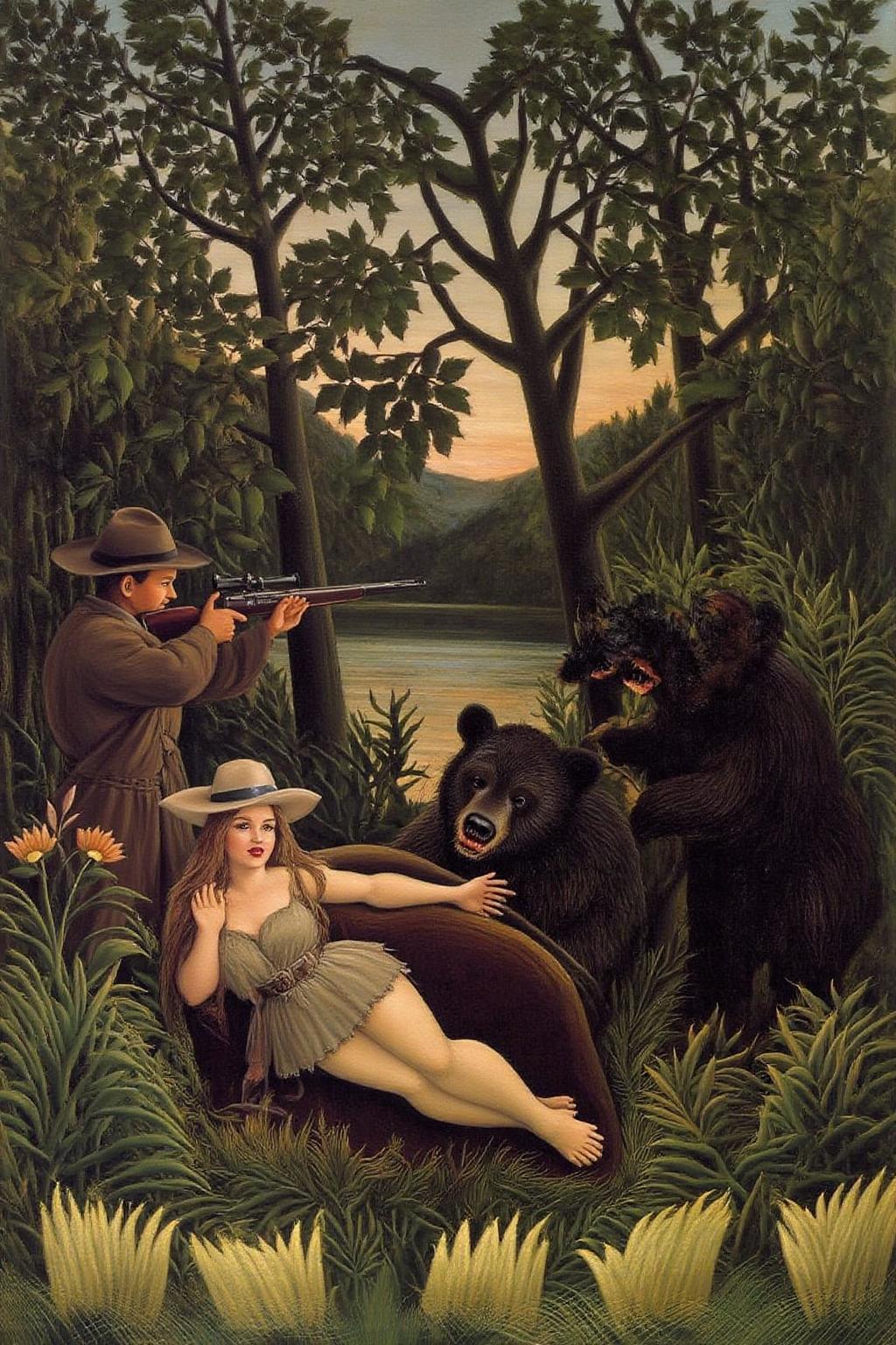 henrou1 painting
A surreal, dreamlike forest setting at dusk, with a serene landscape and a dramatic narrative. In the foreground, on the right is a black bear about to attacking a  woman wearing a safari outfit. On the left is a hunger aiming his hunting rifle at the bear. <lora:henrou1_jungle_cap_d6a3e14:1.0><lora:817709950366202360:0>