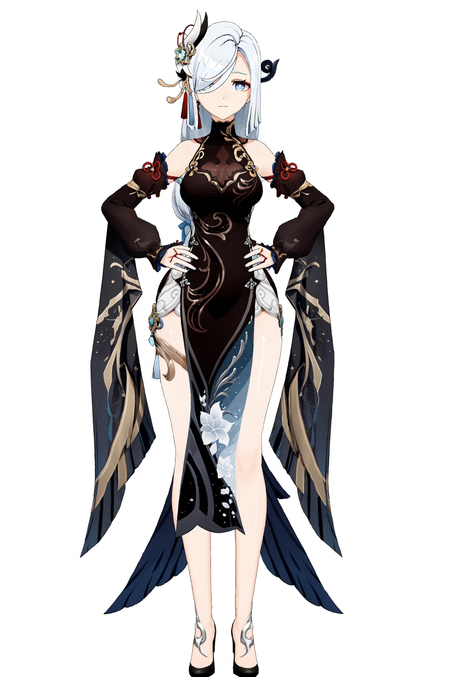 8k, best quality, masterpiece, (ultra-detailed:1.1), (high detailed skin), 
(full body), white background, standing, looking at viewer, (solo), hand on hip, 
<lora:ganshenxian-A3-Tanger-000010:0.8>, shenhe \(genshin impact\), Shenhe's new year's clothes, 1girl, black dress, hair over one eye, long hair, full body, hair ornament,  breasts, detached sleeves, chinese clothes, looking at viewer, 
(white background, simple background), 
(beautiful_face), ((intricate_detail)), clear face, 
((finely_detailed)), fine_fabric_emphasis, 
((glossy)), full_shot,