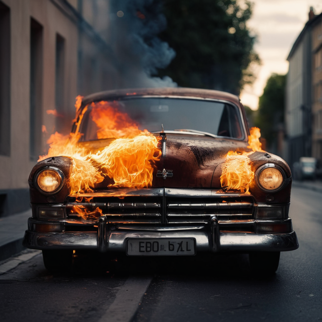 cinematic film still of  <lora:perfection style:0.9> wrinkles:1
A perfect photo of a car is on fire in a street, perfection style, shallow depth of field, vignette, highly detailed, high budget, bokeh, cinemascope, moody, epic, gorgeous, film grain, grainy