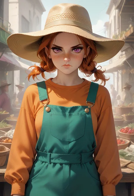 Style(score_9, score_8_up, best quality, ultra-detailed, vibrant colors, concept art, mythp0rt, hyper-realistic colorful sketch)
Subject(1girl, 22yo, cute, annoyed, ginger, hair tied back, (freckles all over: 1.2), (freckles:1.2), (pale skin:1.2), purple eyes, showing vampire fang, small frown, M4rket, hat, shirt, salopette, long sleeves, overalls, overall skirt)
Background(florist shop, green naga in background, high res image, masterpiece, )