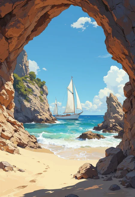 Create a photorealistic image of a tranquil coastal scene, a white old sailing boat is focus. The image is dominated by a large, rugged rock formation on the left and a smaller but equally imposing rock on the right, framing the view of the sea beyond. The rocks have a rough texture and appear to be made of light brown sandstone. The sand in the foreground is fine and light beige, with footprints leading into the scene.In the background is the sea. The sky above is clear, a white sailboat is visible on the ocean, a vibrant tissue of hues and textures captured digitally, best quality, realistic, captivating, intricately detailed, hyper detailed, maximalist style, dynamic lighting, superb composition, finest details, highest aesthetics, best quality, sharp focus, high contrast, stylized, clear, colorful, ultra quality, whimsical, fantastic, splash art, intricate detailed, hyperdetailed, maximalist style, hyper detailed, maximalist style, concept art, sharp focus, harmony, serenity, calm, mysterious glow, dynamic lighting, superb composition, sharp focus, high contrast, stylized, clear, colorful, ultra quality, best quality, DB4RZ, DB4RZ style painting, NeoPigma, in the style of cksc, anime, cyberpunk, a masterpiece, award winning