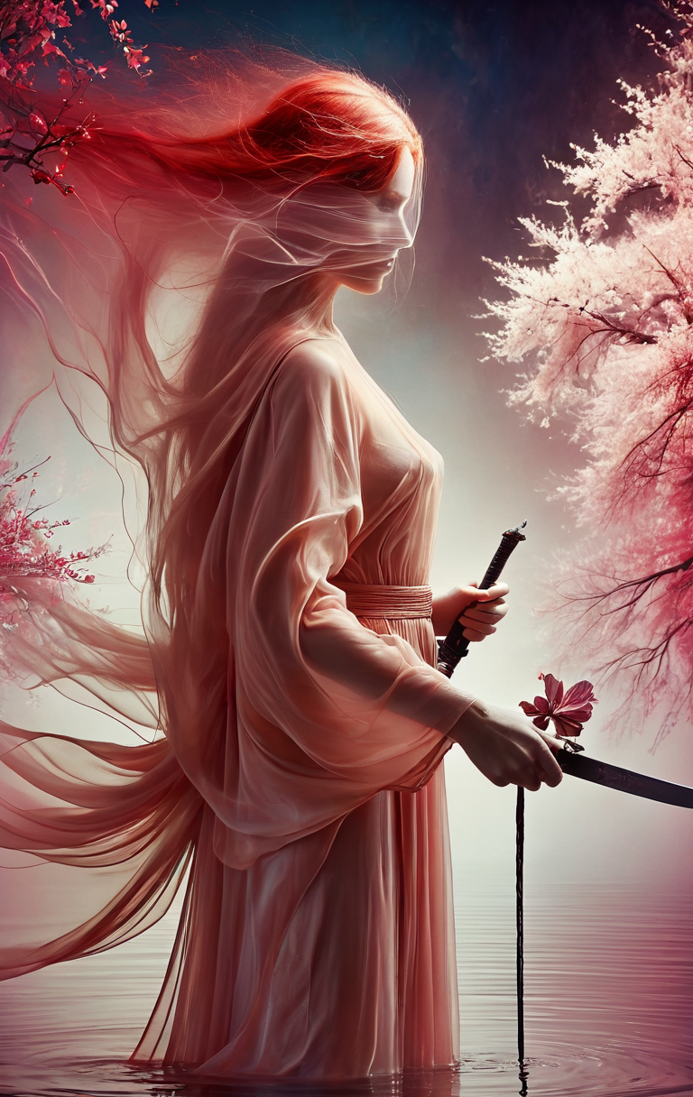 A woman is standing in the water holding a sword. She is wearing a red kimono and has long red hair. There are pink flowers on the tree behind her. ,(abstract ethereal depiction of a figure obscured by translucent fabric, haunting and surreal, female form, ambiguous age, minimalist color scheme with white and soft flesh tones, figure appears mid-movement, fine art photography, inspired by nagi noda, best quality:1.4)