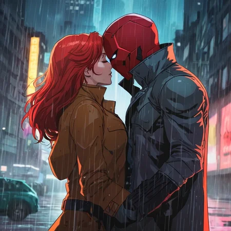 anime artwork of  <lora:Red Hood:1.2>
Red Hood a couple kissing in the rain with a red hood on in Gotham city universe, anime style, key visual, vibrant, studio anime,  highly detailed