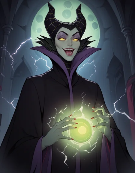 score_9, score_8_up, score_7_up,
1girl, solo,
maleficentdg,
colored skin, yellow sclera,
horned headwear, wide sleeves, high collar, black cape,
looking at viewer, magic, electricity,
light smile, half-closed eyes, open mouth,
castle interior, night,
glowing eyes,
from below,
<lora:Maleficent DG PXL v02-000003:0.90>