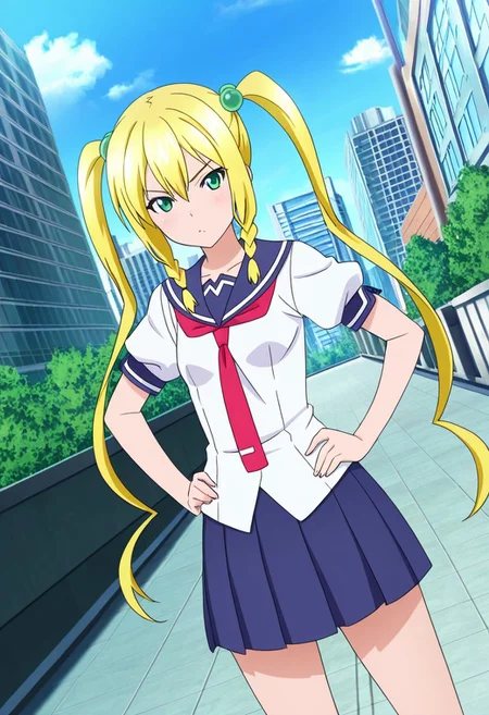general,highres, ultra-detailed,very aesthetic,best quality ,best hands,best eyes,easynegative,
dynamic anglre, dutch angle, anime cloring,anime screencap,
1girl solo,looking at viewer,city,hands on hip,standing,
Kodama HIMEGAMI,yellow_hair ,twintails ,green_eyes, small breasts,serafuku